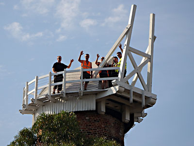 Cap and windshaft in place on mill towe